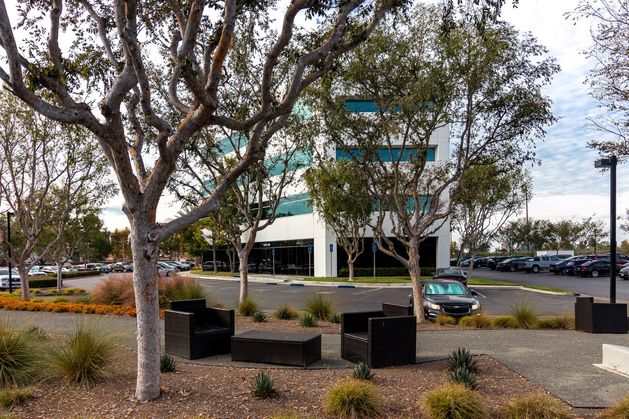 Office campus with mature trees and a landscaped walkway