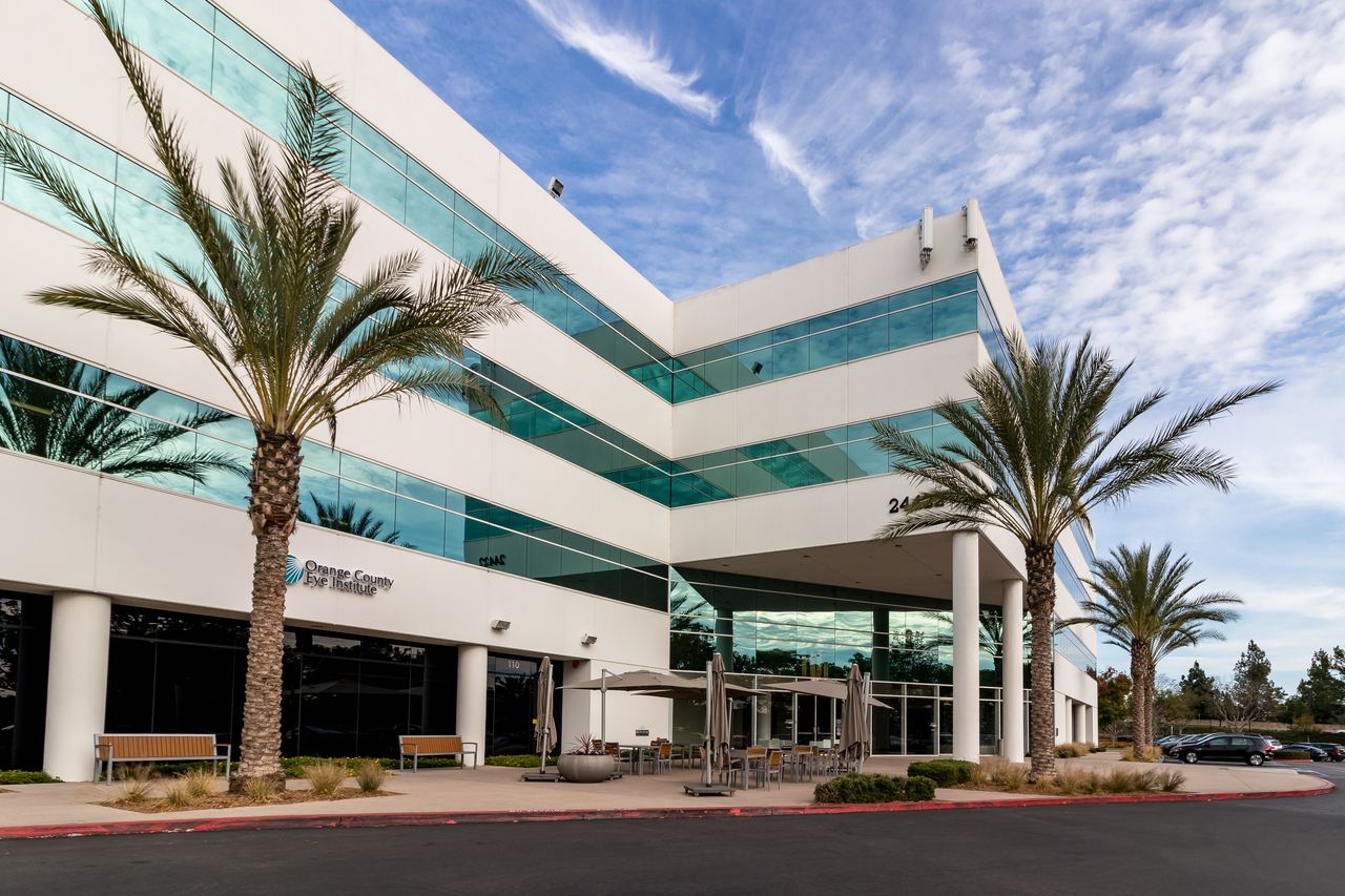 Glass office building framed by palm trees and blue sky